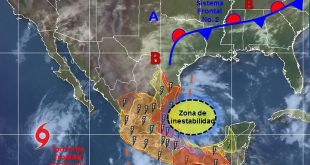 Por frente frio continuarán las lluvias fuertes en Puebla. Foto: Conagua