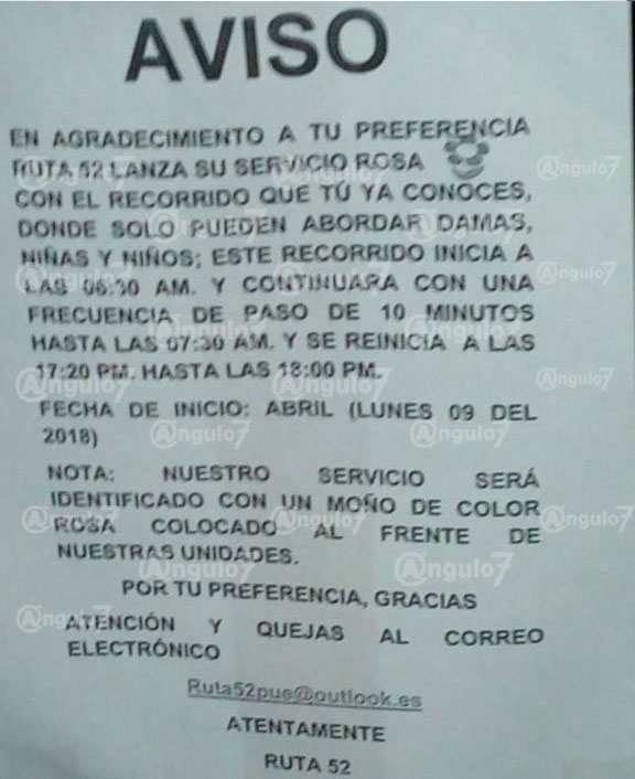 Ruta 52 lanzará en abril “servicio rosa” para mujeres y niños en Puebla