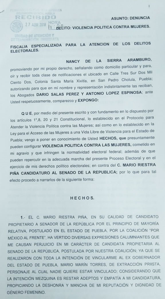De la Sierra denuncia a Riestra en la Fepade