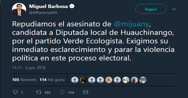 Repudia Barbosa asesinato de candidata del PVEM y exige justicia