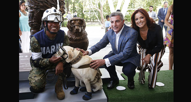 Develan estatua de “Frida” en Puebla y homenajean a perros rescatistas