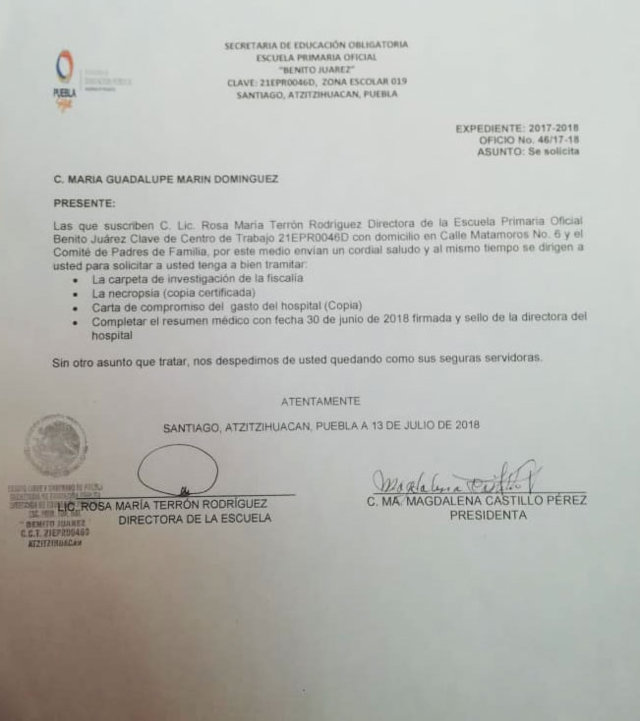 Padres acusan a escuela de negligencia por muerte de menor en Atzitzihuacan