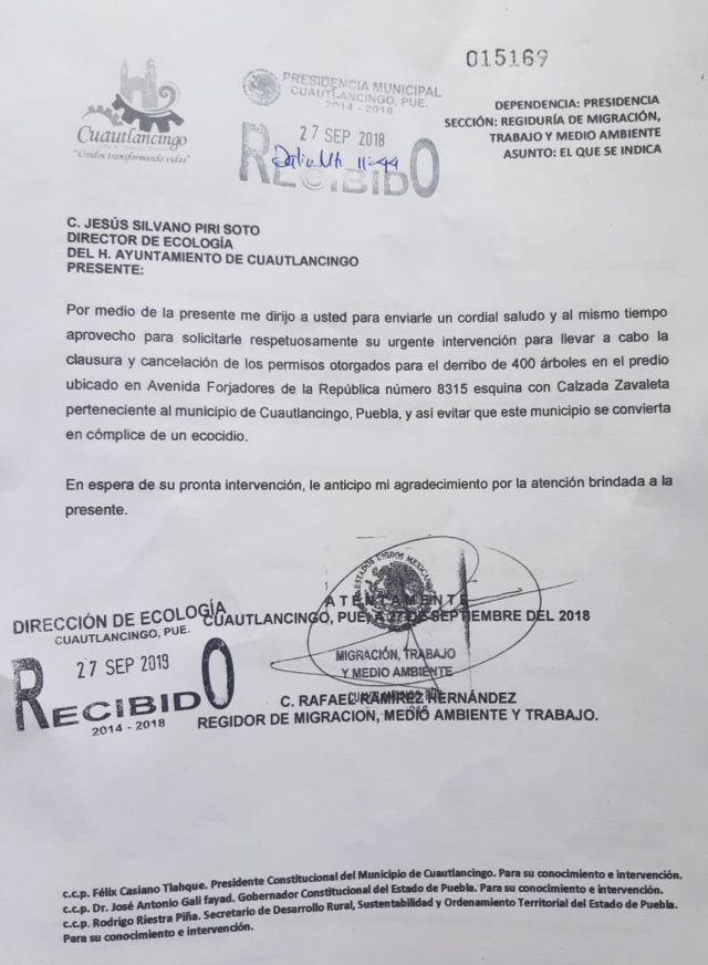 Regidor pide a Comuna de Cuautlancingo frenar tala de árboles en vivero