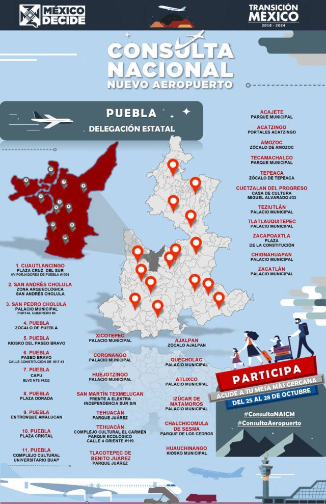 Estos son los lugares en Puebla para votar en la consulta del NAIM