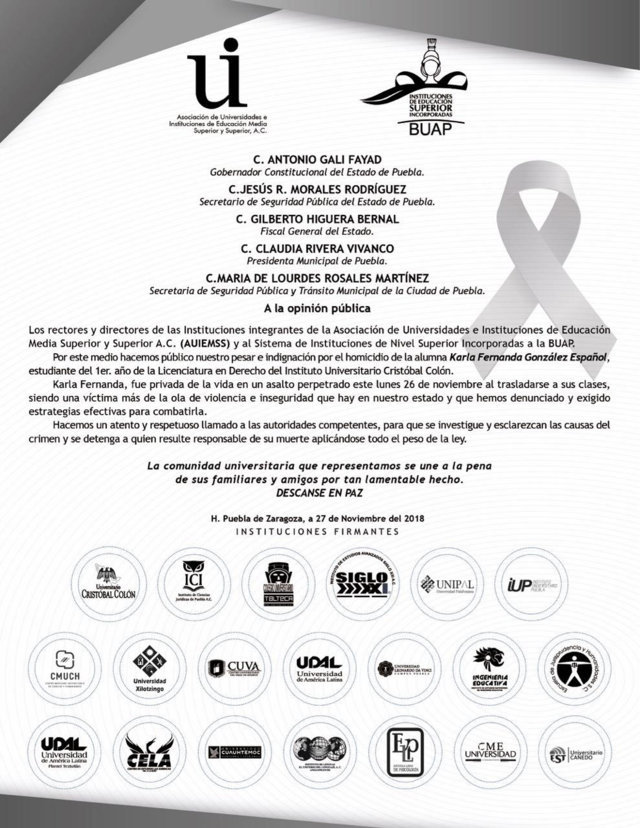 Universidades poblanas piden aclarar homicidio de alumna en asalto
