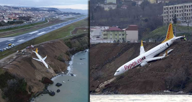 Avión turco cae por barranca y queda a metros de caer al mar
