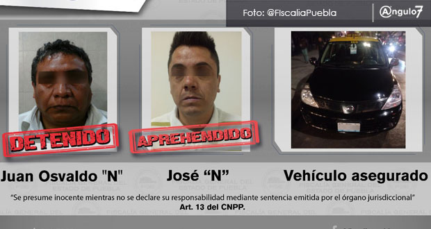 La FGE, SSP y Ssptm lograron detener, en el barrio de San Juan Aquihuac, de San Andrés Cholula, a Juan Osvaldo y José “N”. Foto: @ FiscalliaPuebla