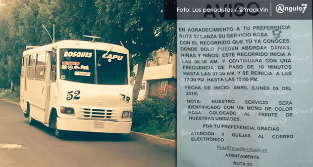 Ruta 52 lanzará en abril “servicio rosa” para mujeres y niños en Puebla