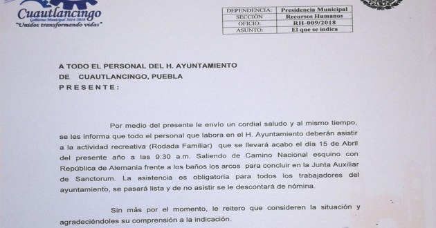Obligan a burócratas de Cuautlancingo a apoyar a Riestra; gobierno lo niega