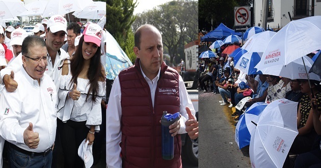 El candidato a la gubernatura por el PRI, Enrique Doger hice acto de presencia en el Desfile 5 de Mayo para dar una entrevista a medios de comunión y retirarse de inmediato.