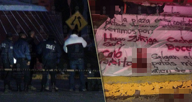 Hallan cuerpo decapitado en monumento de Ciudad Serdán junto a narcomanta