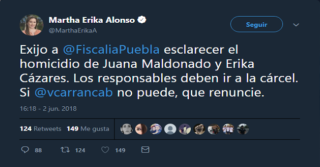 Si no puede, renuncie: Martha Erika a Carrancá tras homicidio de candidata