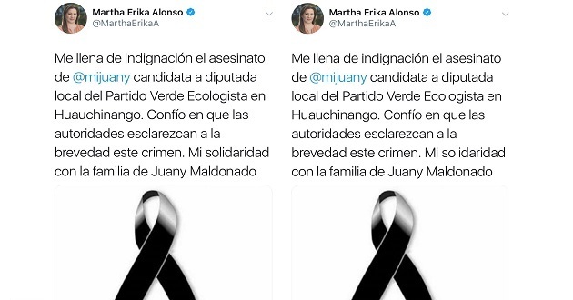 Martha Erika condena asesinatos de candidata y regidora del PVEM