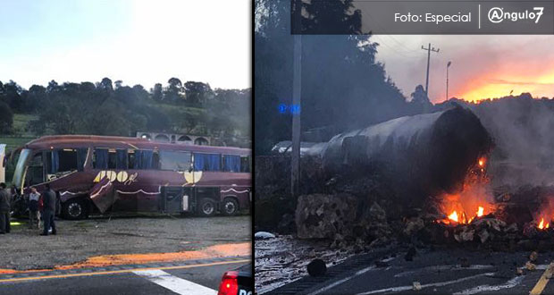 Pipa se quema tras chocar contra ADO en la autopista a Ciudad Mendoza