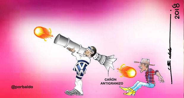 Caricatura: Volkswagen a cañonazos ahuyenta a Tláloc y campesinos