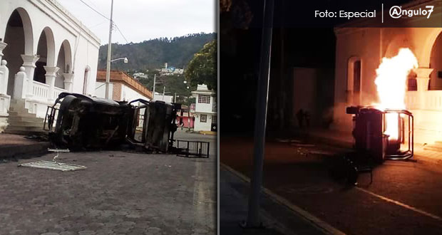 Queman patrulla frente ayuntamiento de Cuyoaco; llevan 20 días sin agua