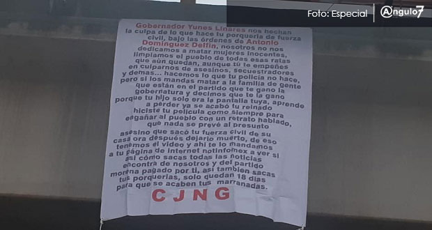 Reaparecen narcomantas del CJNG en Puebla capital, ahora 2 en el Periférico