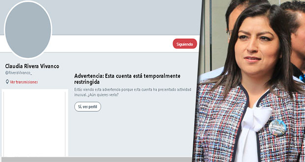 Cuenta de Twitter de Claudia Rivera es suspendida temporalmente