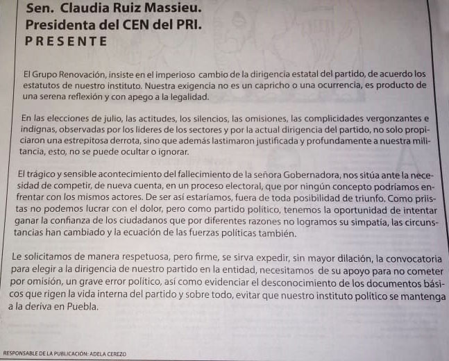 Con desplegado, insiste en renovación del PRI de Puebla y cambiar a Casique