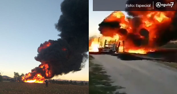 Toma clandestina se incendia en Ahuazotepec; evacúan y suspenden clases