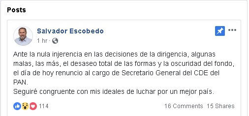 Secretario del PAN renuncia por “malas” decisiones de dirigencia estatal