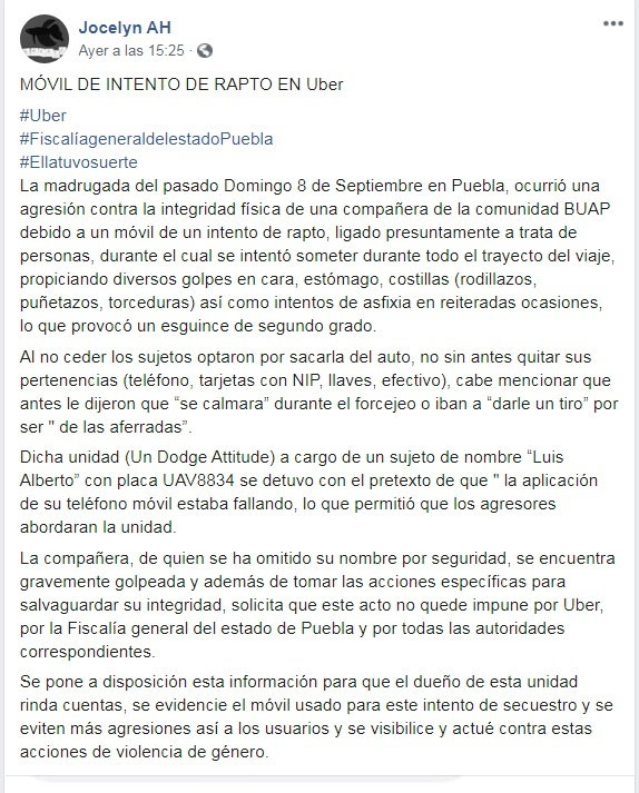 Denuncian asalto a alumna de BUAP a bordo de Uber en complicidad con chofer