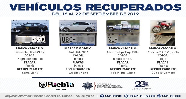 Recuperan 7 vehículos del 16 al 22 de septiembre en Puebla capital