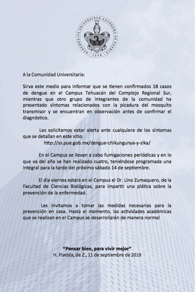 BUAP confirma 18 casos de dengue en campus de Tehuacán