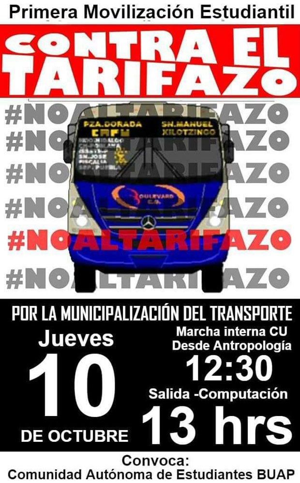 Alumnos de BUAP rechazan aumento al pasaje y convocan a marcha
