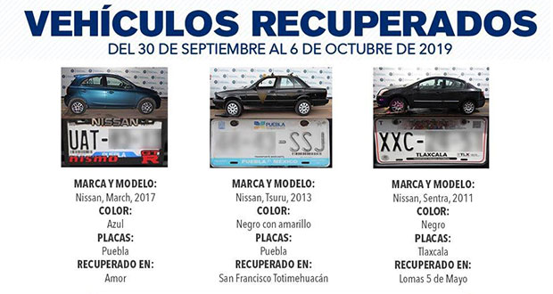Recuperan cinco vehículos con reporte de robo en Puebla capital