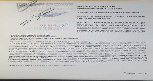 Alcántara amplía demanda en TEEP contra elección del PAN municipal