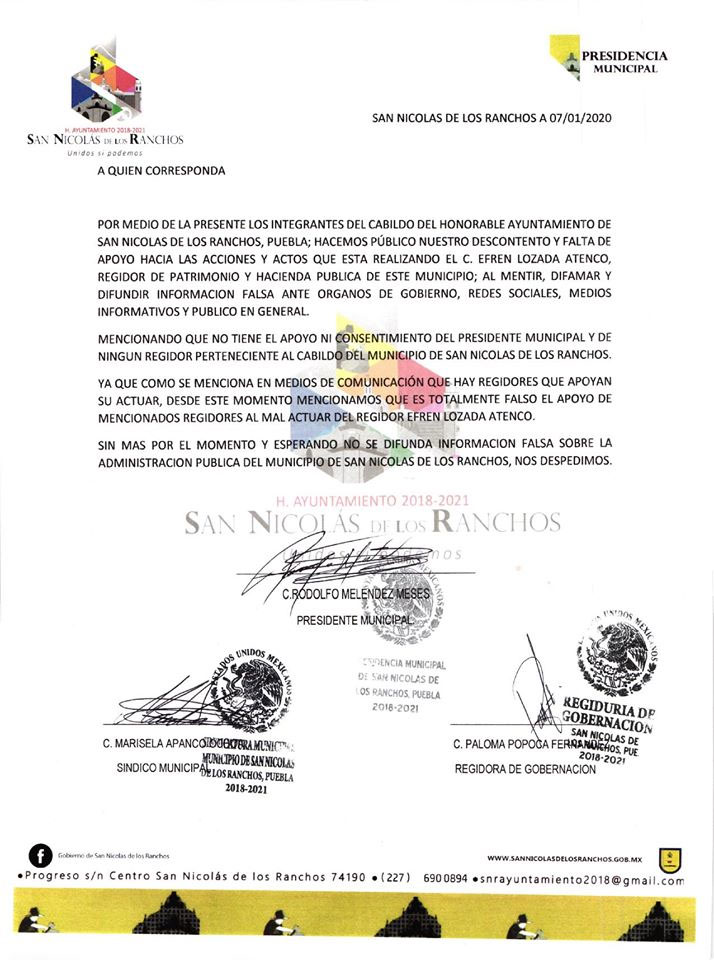 Comuna de San Nicolás de los Ranchos rechazan ir por revocación de edil