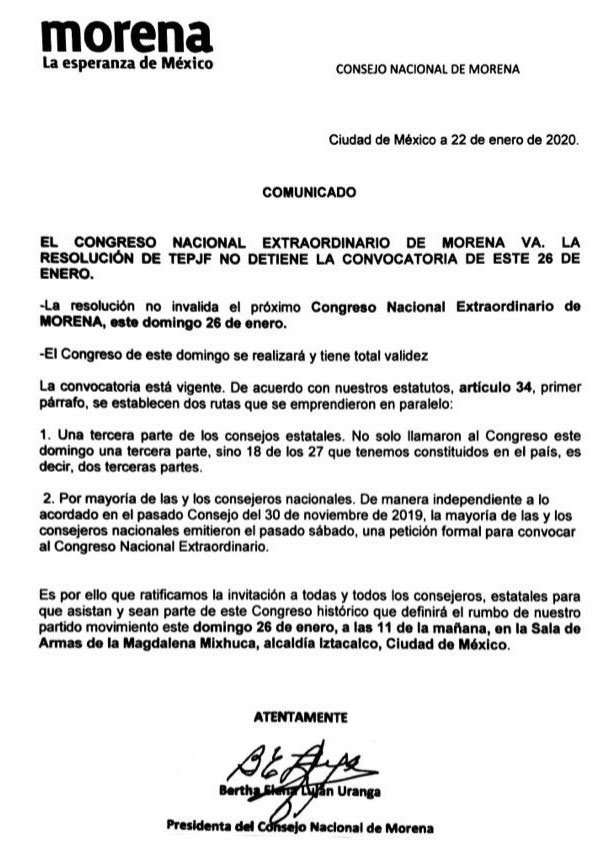 Tepjf revoca acuerdo para Congreso Nacional de Morena; “sí va”: Luján