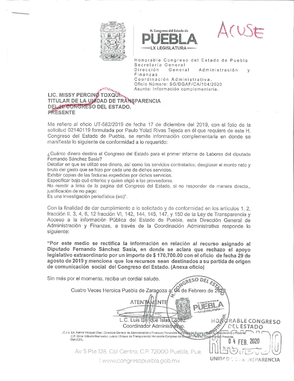 Diputado Sánchez rechaza 170 mp de apoyo para informe de actividades