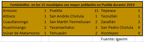 13 de 15 municipios más poblados de Puebla, al menos con 1 feminicidio en 2019