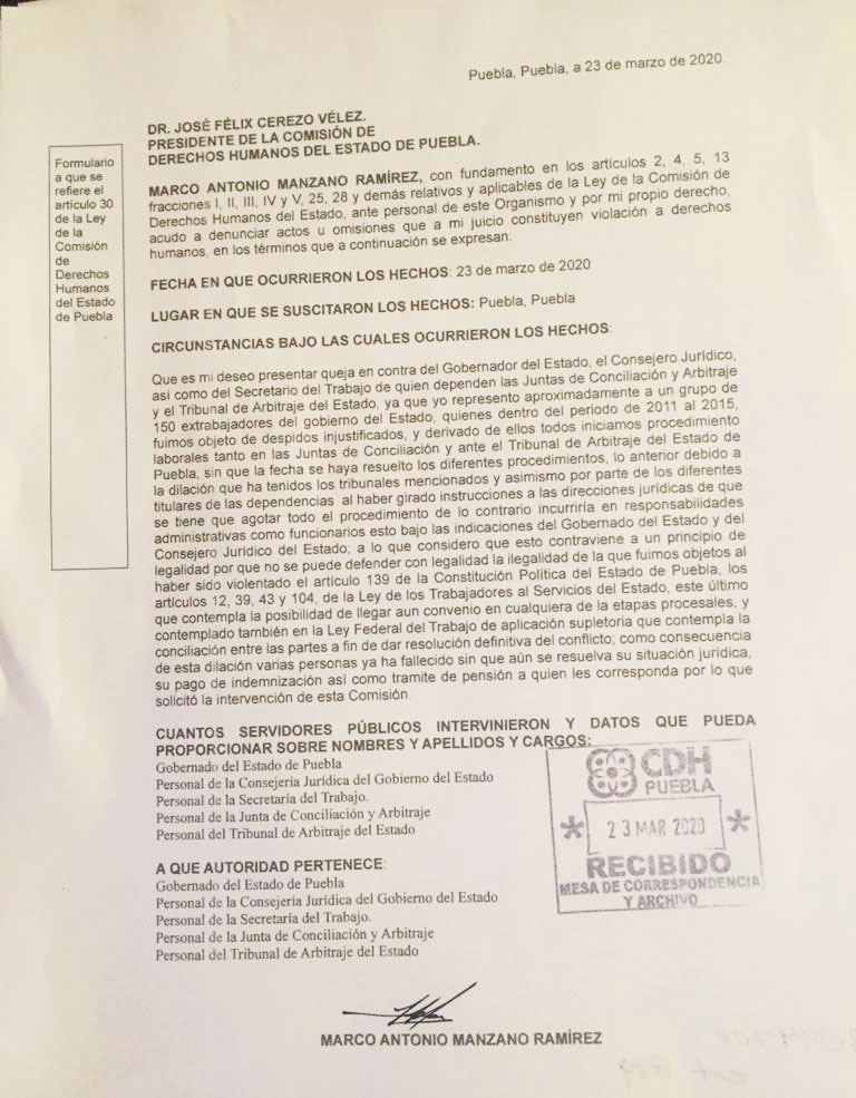 Exburócratas de Puebla presentan queja en CDH por dilación de 150 casos