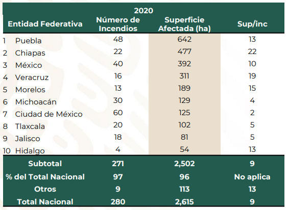 Puebla, segundo en incendios forestales y primer lugar en superficie afectada