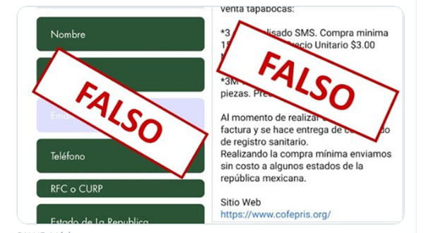 ¡No caigas! Difunden sitio falso de Cofepris para venta de tapabocas