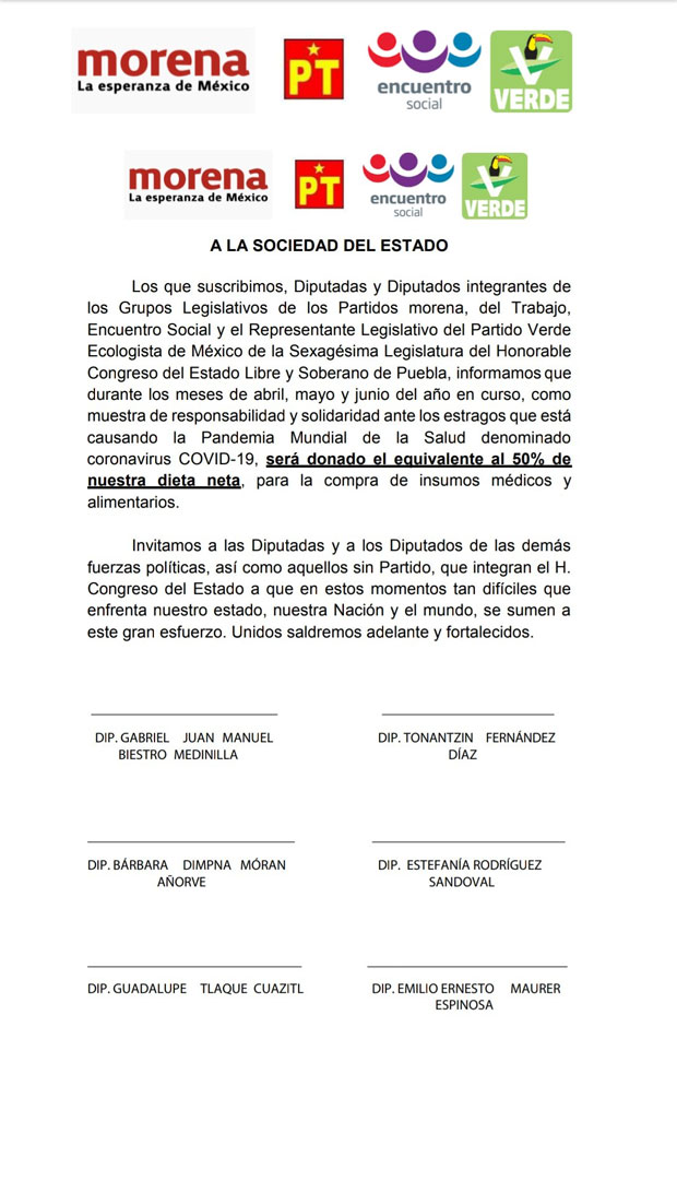11 diputados locales donan 50% de su salario ante contingencia