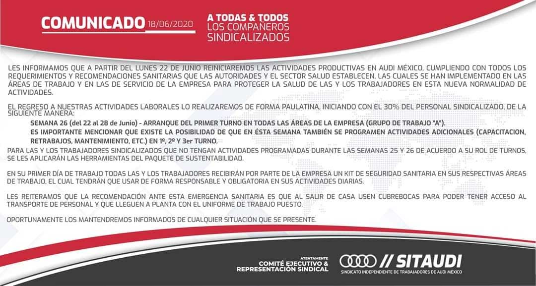 Audi programa reinicio de labores para el 22 de junio en Puebla