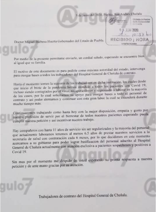 Personal temporal en Hospital de Cholula que atiende Covid pide bases