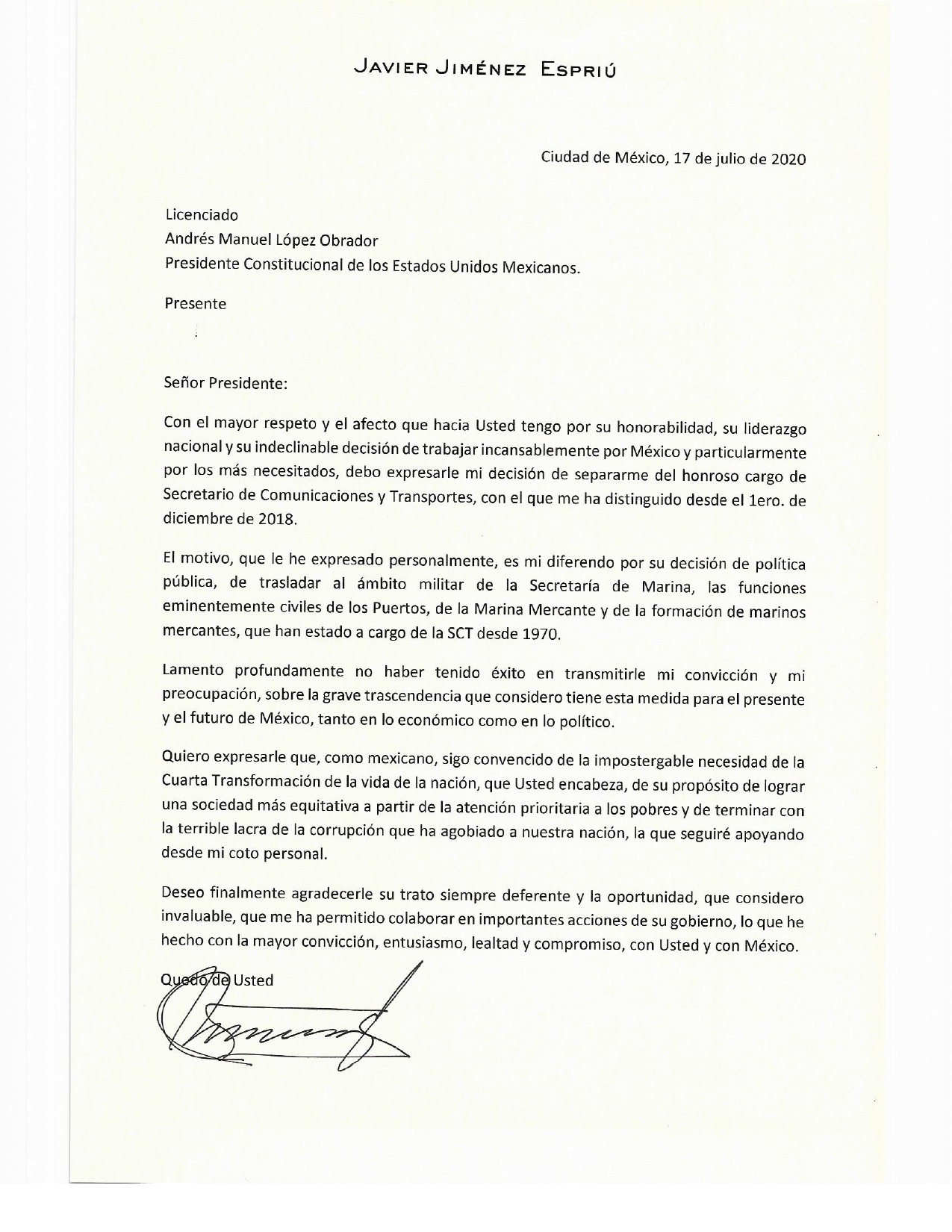 Confirman renuncia de Jiménez Espriú a la SCT; entra Díaz Leal