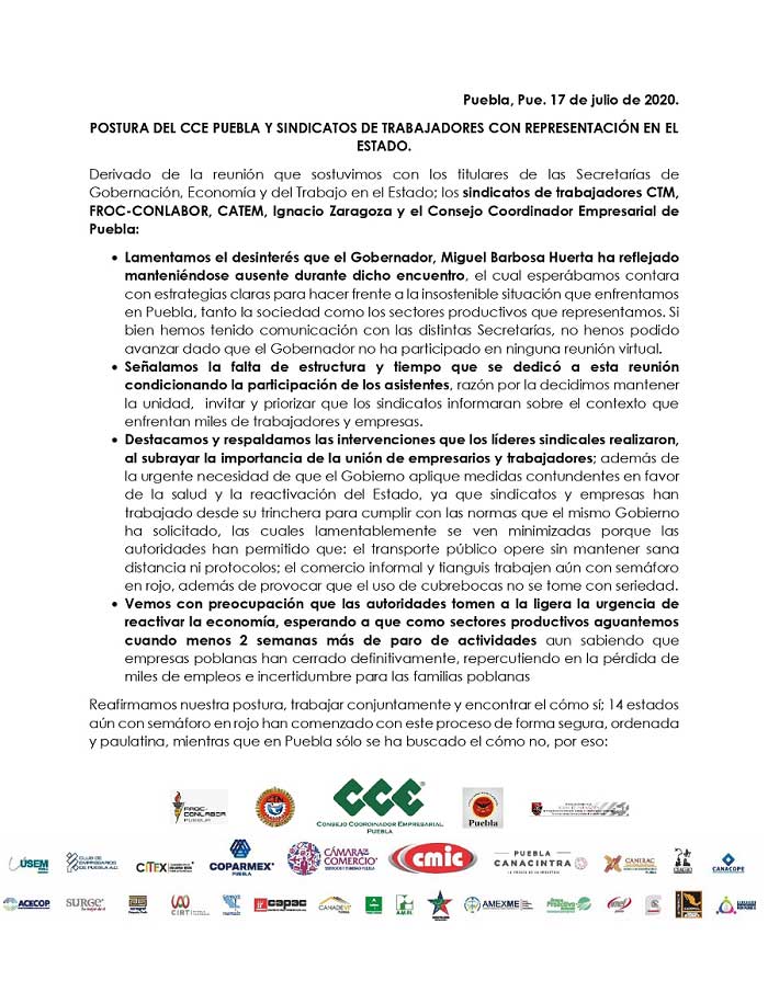 CCE insiste en reabrir negocios; en Puebla aún no hay condiciones: gobierno