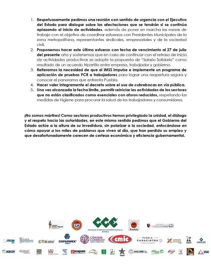 CCE insiste en reabrir negocios; en Puebla aún no hay condiciones: gobierno