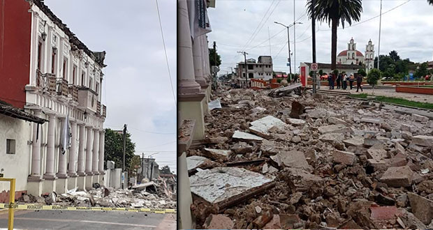 Colapsa techo y fachada del palacio municipal de Hueyapan