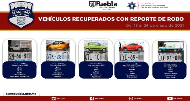 Recuperan seis vehículos con reporte de robo en Puebla capital