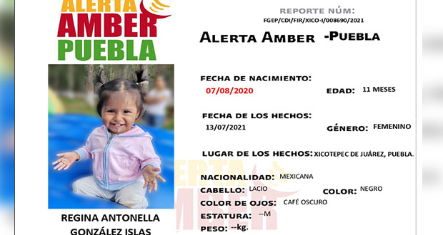 Ayúdanos a encontrar a Regina, de 11 meses; desapareció en Xicotepec