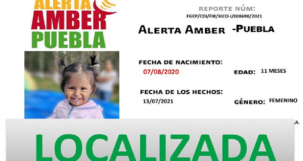 FGE localiza ilesa a Regina de 11 meses de edad