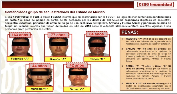 Dan de 42 a 163 años de prisión a 5 secuestradores capturados en 2013