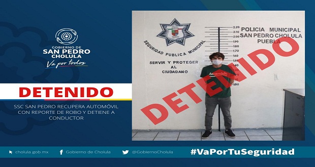 SSC de San Pedro Cholula recupera auto con reporte de robo